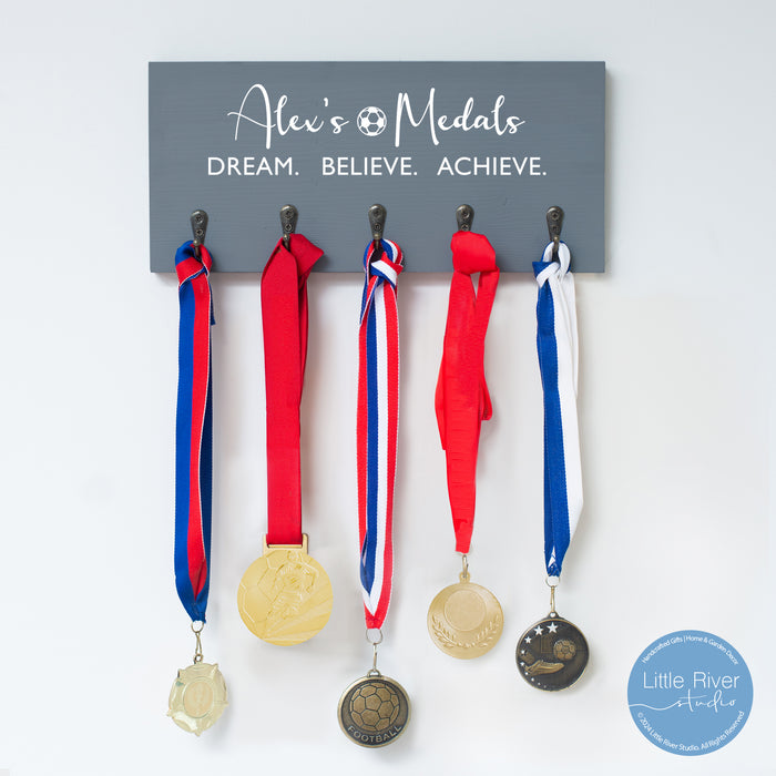 Football Medal Display Holder in Grey handcrafted from solid wood.